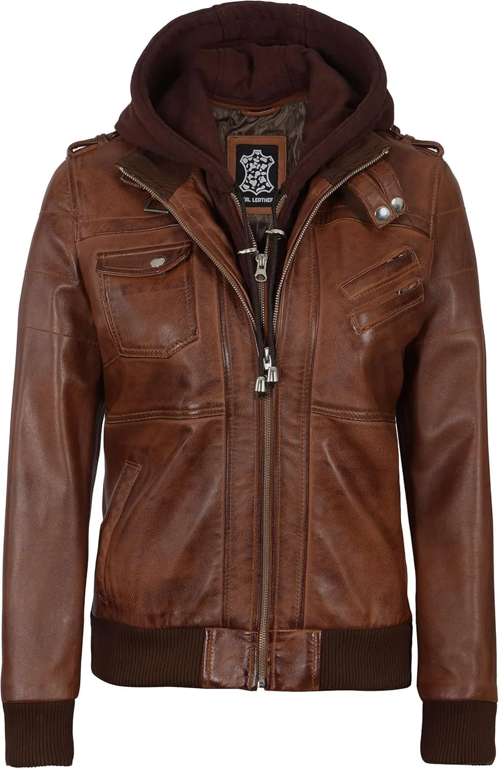 Decrum Leather Jacket Women - Casual Real Lambskin Leather Bomber Jacket Women with Detachable Hood