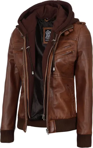 Decrum Leather Jacket Women - Casual Real Lambskin Leather Bomber Jacket Women with Detachable Hood