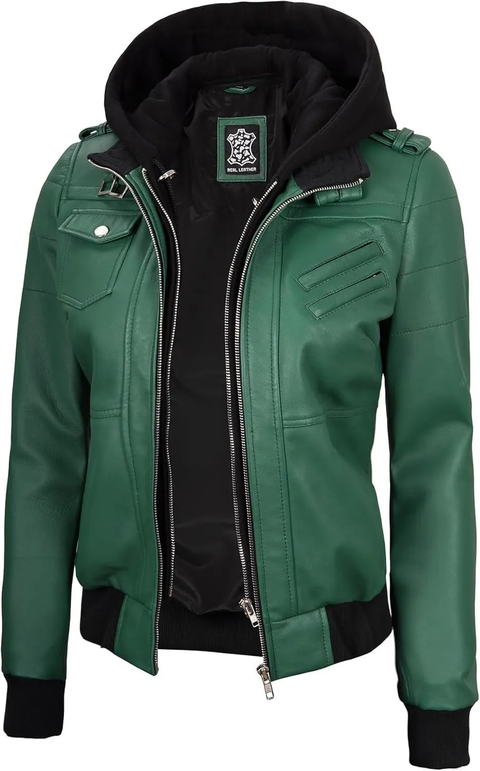 Decrum Leather Jacket Women - Casual Real Lambskin Leather Bomber Jacket Women with Detachable Hood