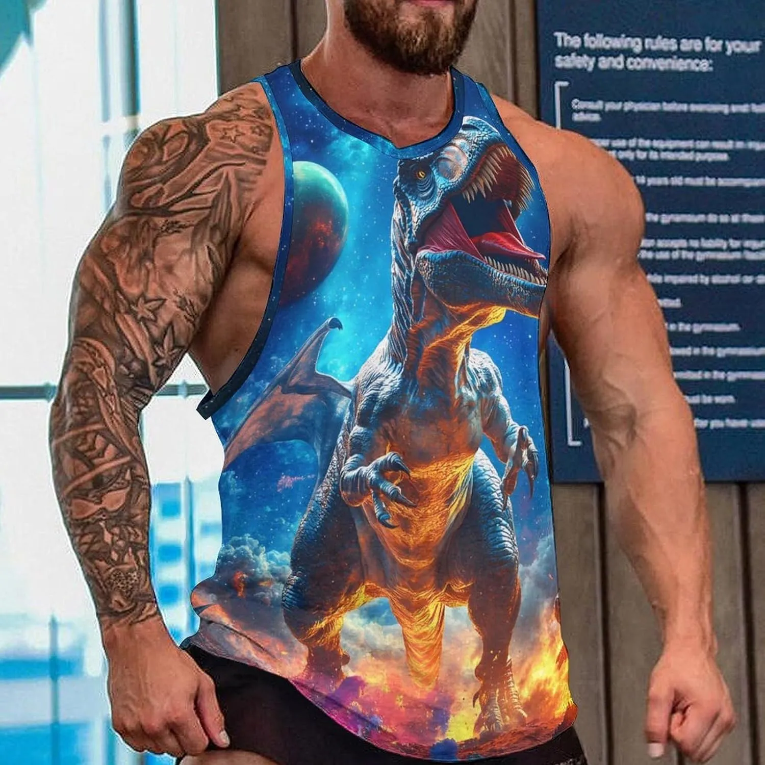Dinosaur War in G-alaxy Men's Activewear Tank Tops Gym Sleeveless Muscle T Shirts Workout Tees Vest