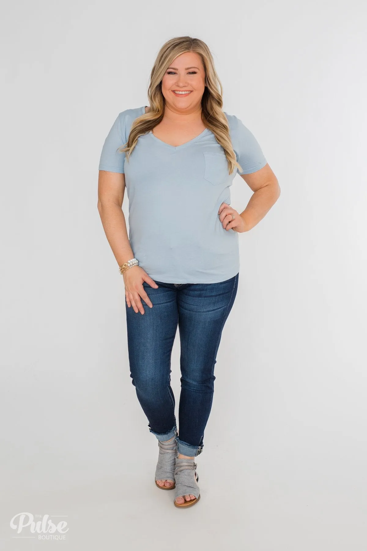 Essential V-Neck Pocket Tee Shirt- Slate Blue