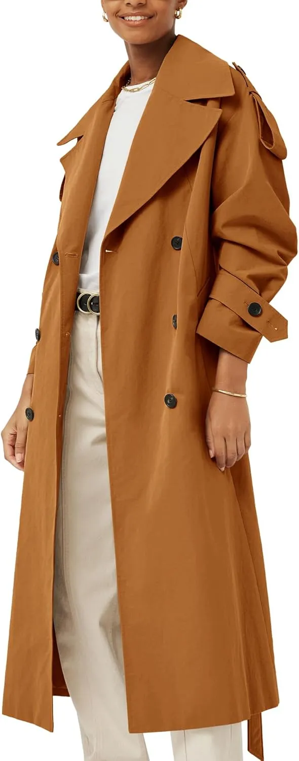 Farktop Womens Oversized Long Trench Coat Double Breasted Lapel Windproof Overcoat with Belt