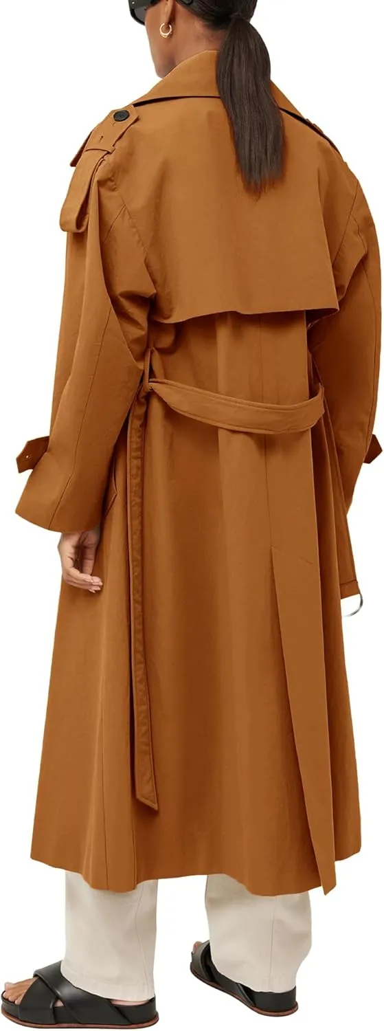 Farktop Womens Oversized Long Trench Coat Double Breasted Lapel Windproof Overcoat with Belt