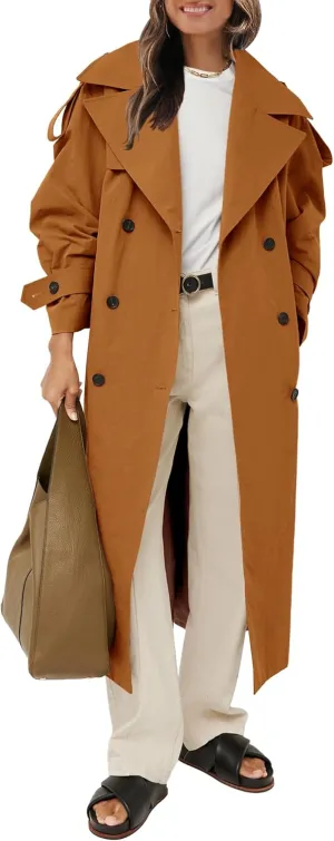 Farktop Womens Oversized Long Trench Coat Double Breasted Lapel Windproof Overcoat with Belt