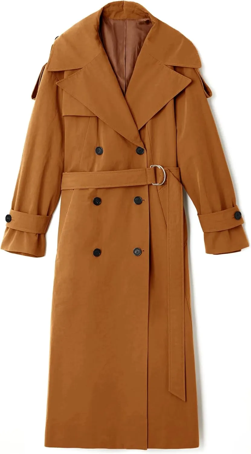 Farktop Womens Oversized Long Trench Coat Double Breasted Lapel Windproof Overcoat with Belt