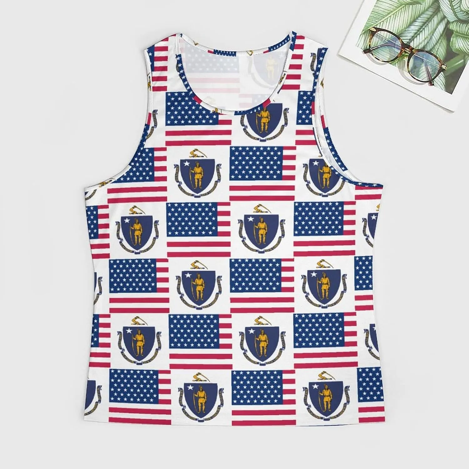Flag of U.S.A And Massachusetts Men's Activewear Tank Tops Gym Sleeveless Muscle T Shirts Workout Tees Vest