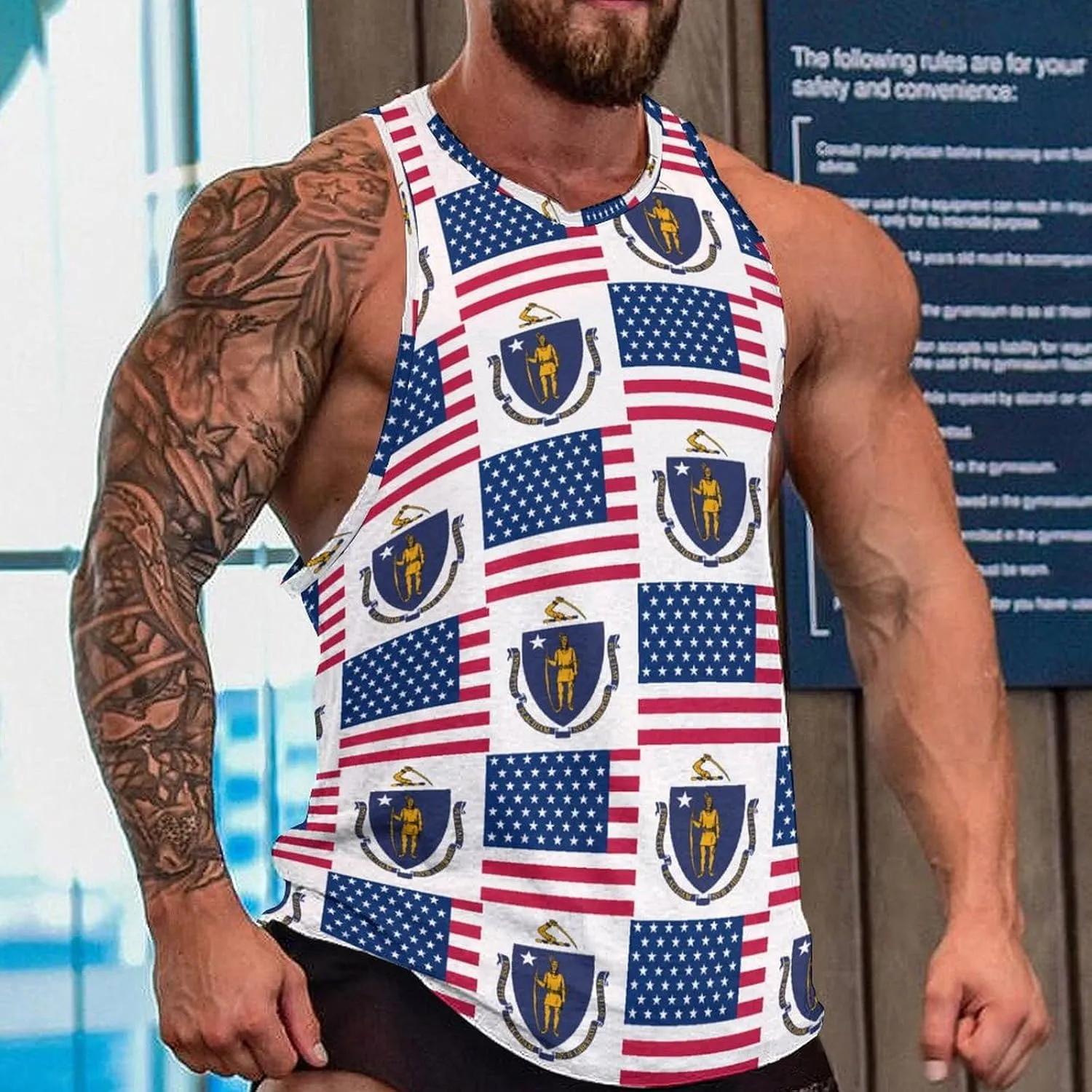 Flag of U.S.A And Massachusetts Men's Activewear Tank Tops Gym Sleeveless Muscle T Shirts Workout Tees Vest
