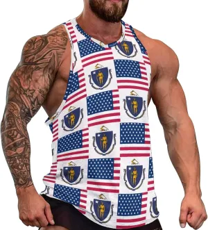 Flag of U.S.A And Massachusetts Men's Activewear Tank Tops Gym Sleeveless Muscle T Shirts Workout Tees Vest