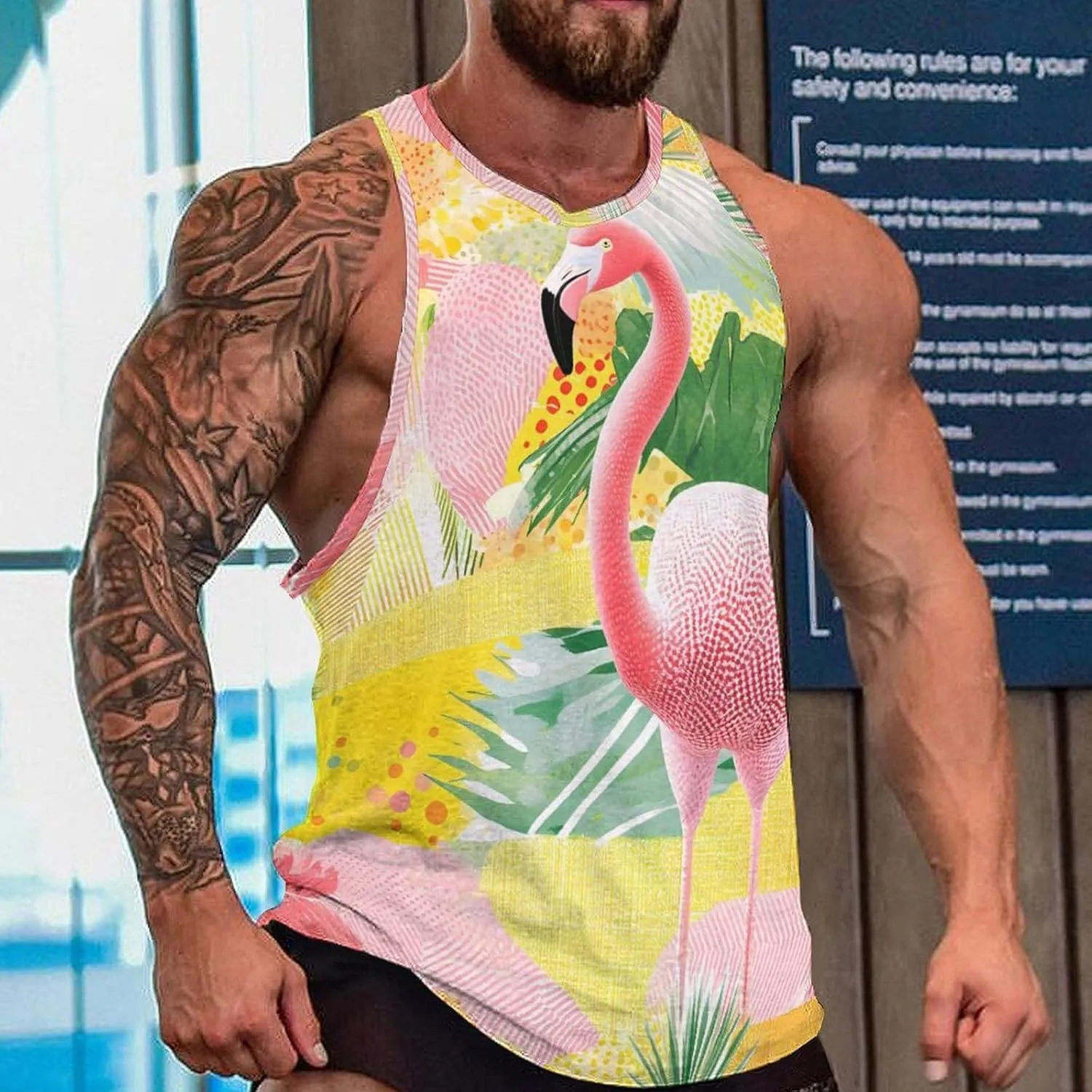 Flamingo Tropical Flowers Men's Activewear Tank Tops Gym Sleeveless Muscle T Shirts Workout Tees Vest