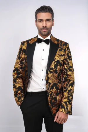 Floral Patterned Slim Fit Yellow Men Party Blazer - Wessi