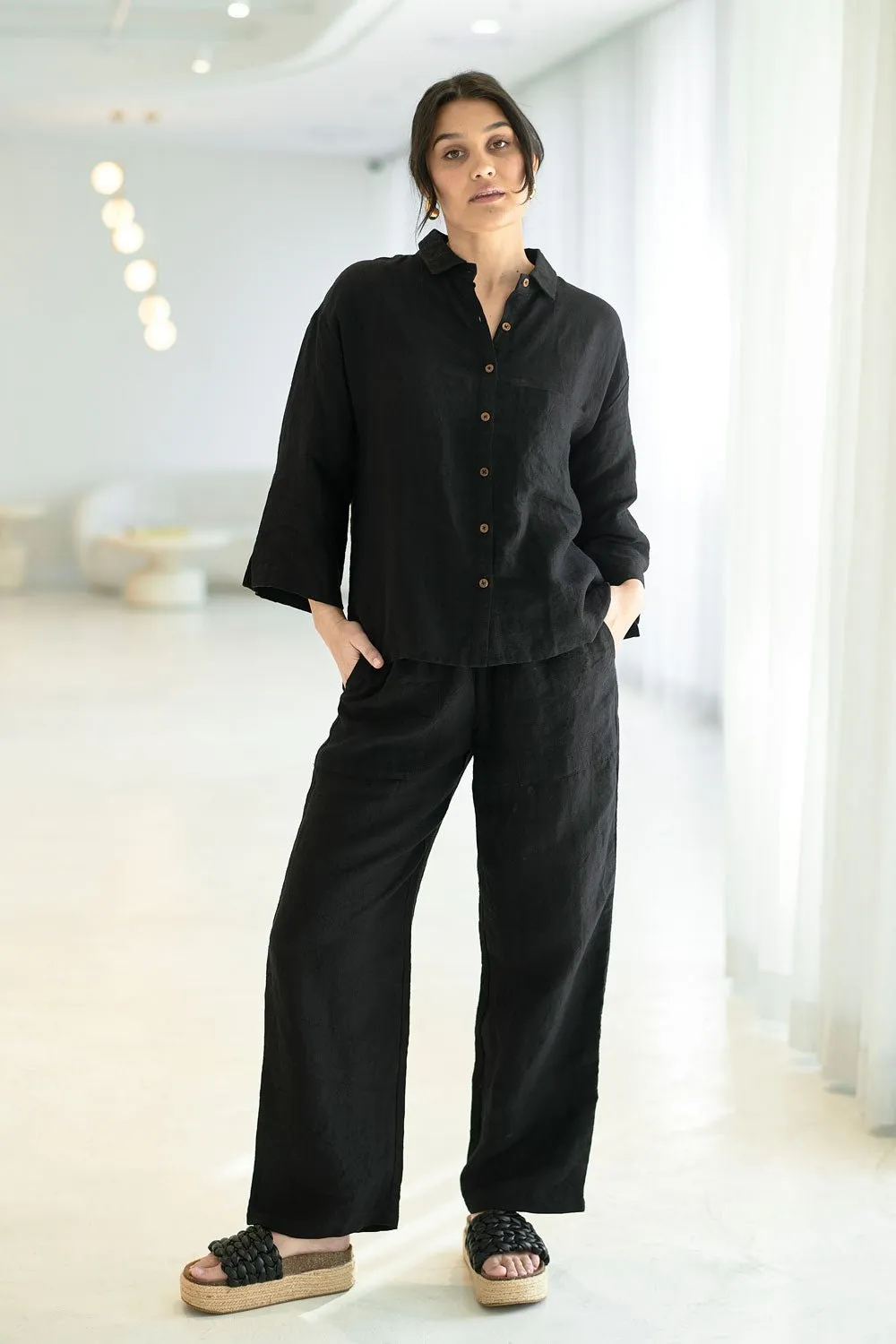 Fundamental Wide Leg Linen Pant - Black