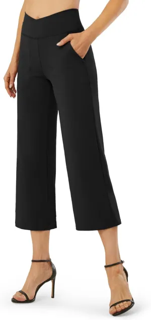 G4Free Capri Pants for Women Wide Leg Yoga Dress Capris with Pockets Cross Loose Casual Work Crop Pants