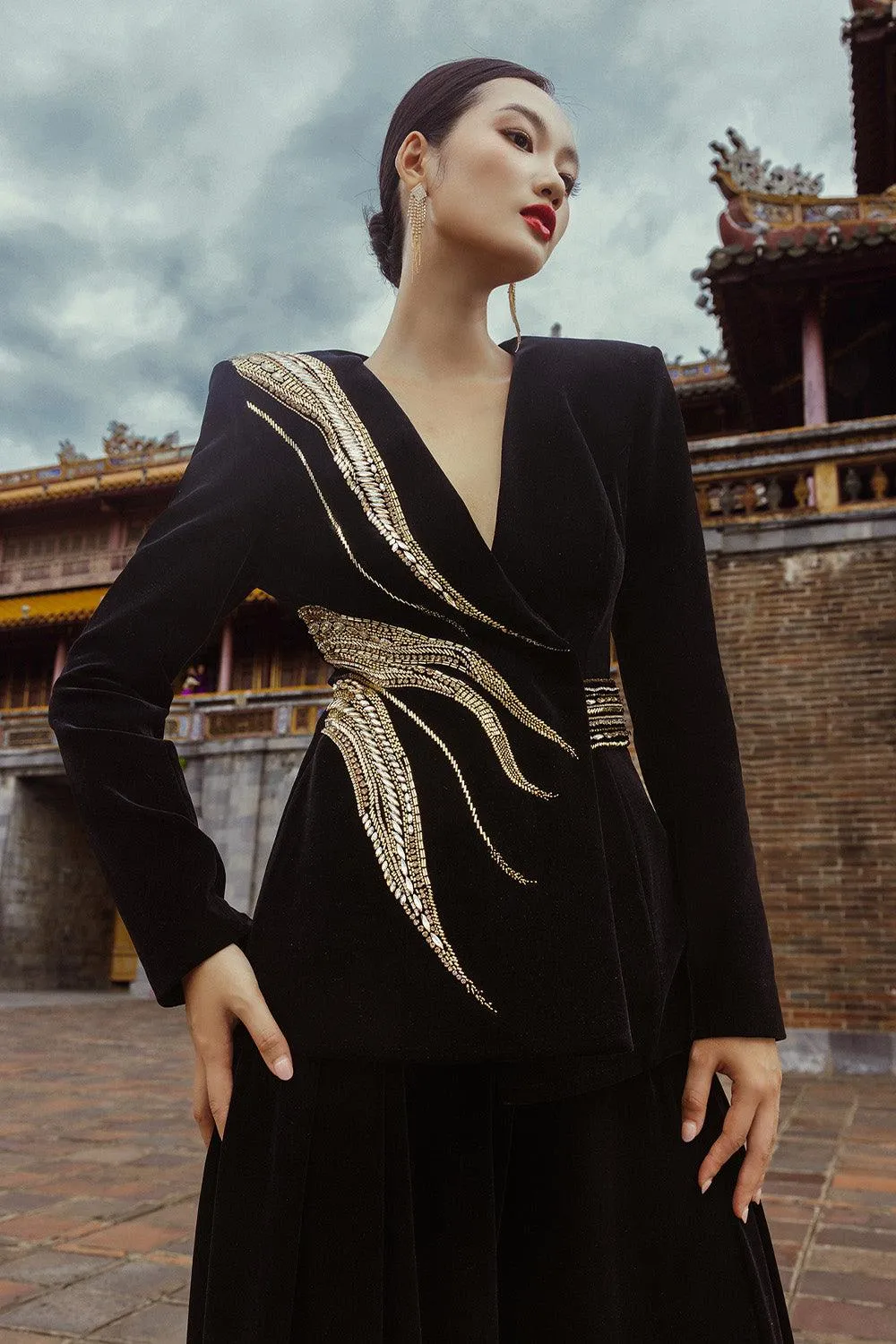 Gentian Fit and Flare Lapelless Velvet Floor Length Set