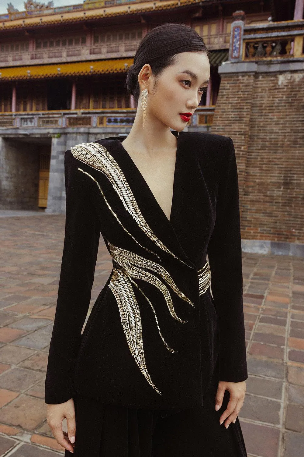Gentian Fit and Flare Lapelless Velvet Floor Length Set