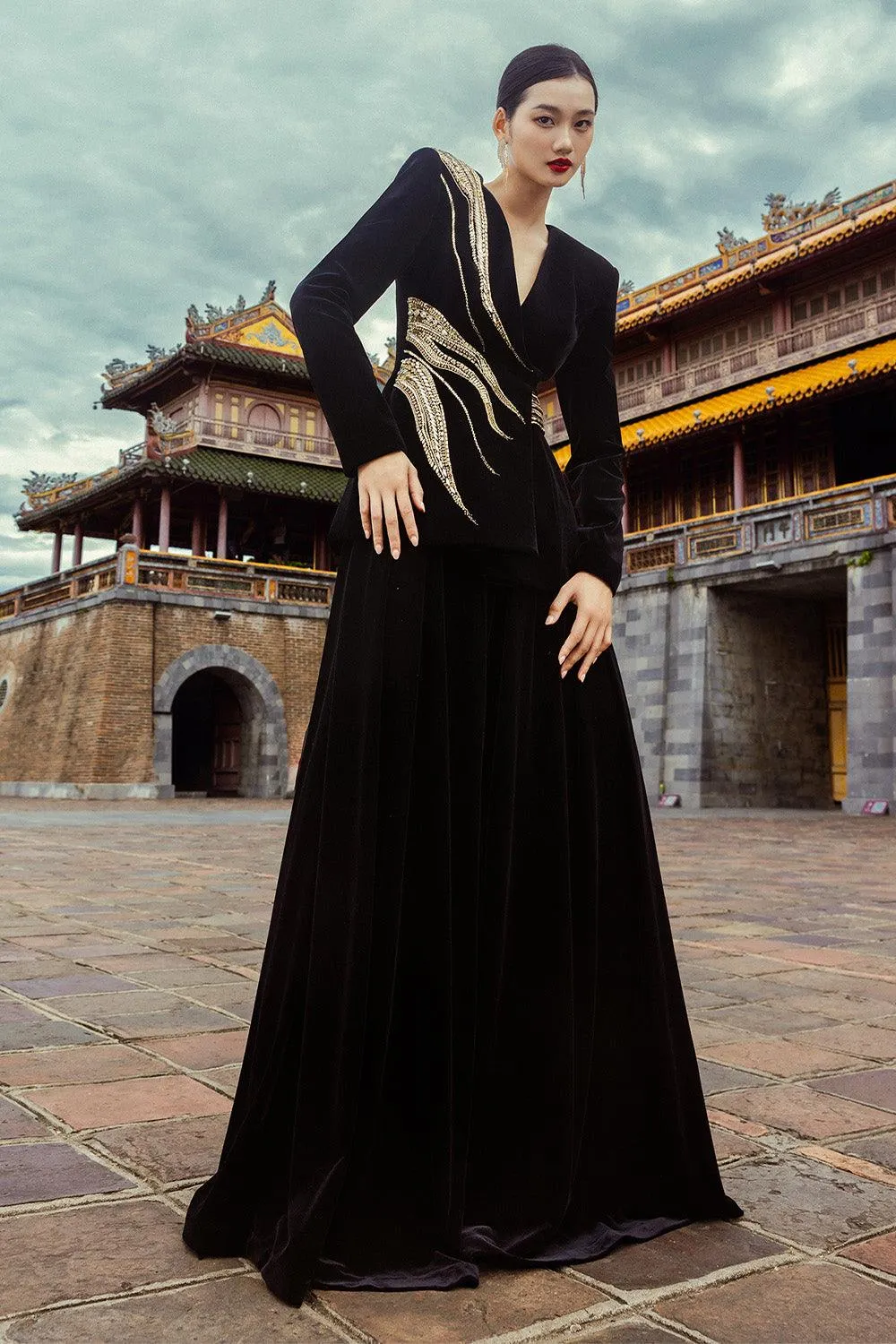 Gentian Fit and Flare Lapelless Velvet Floor Length Set