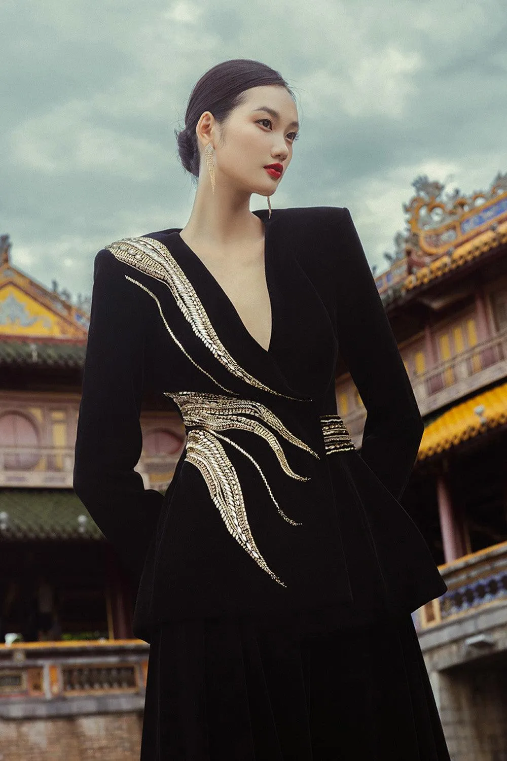Gentian Fit and Flare Lapelless Velvet Floor Length Set
