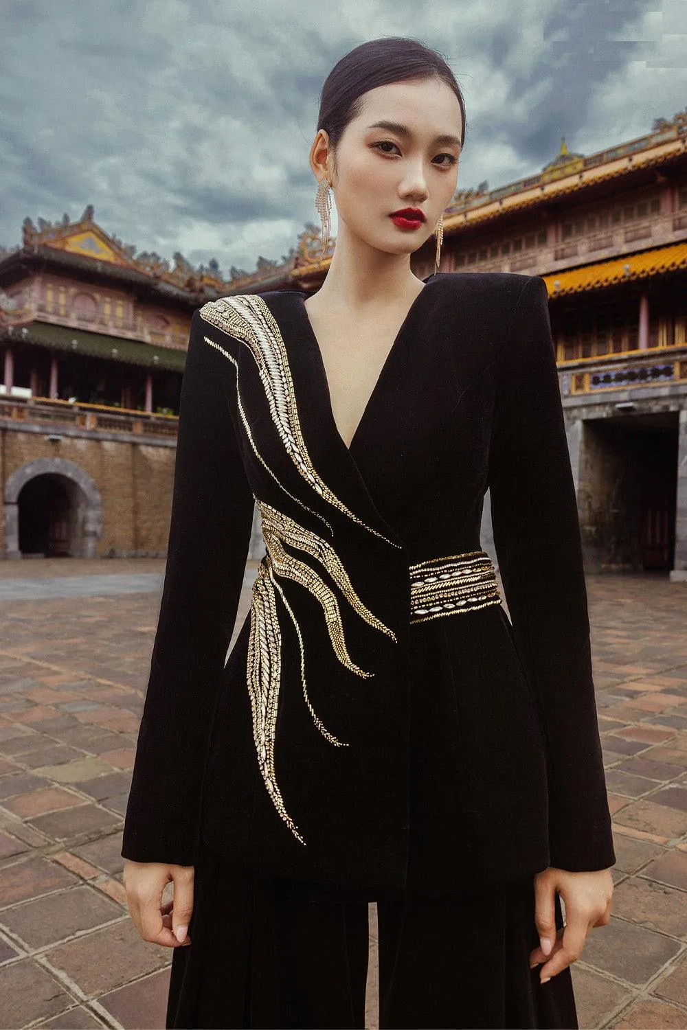 Gentian Fit and Flare Lapelless Velvet Floor Length Set