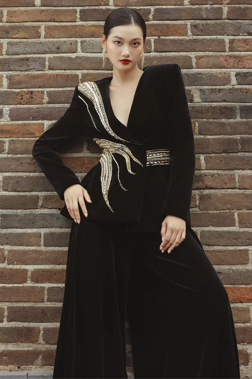 Gentian Fit and Flare Lapelless Velvet Floor Length Set
