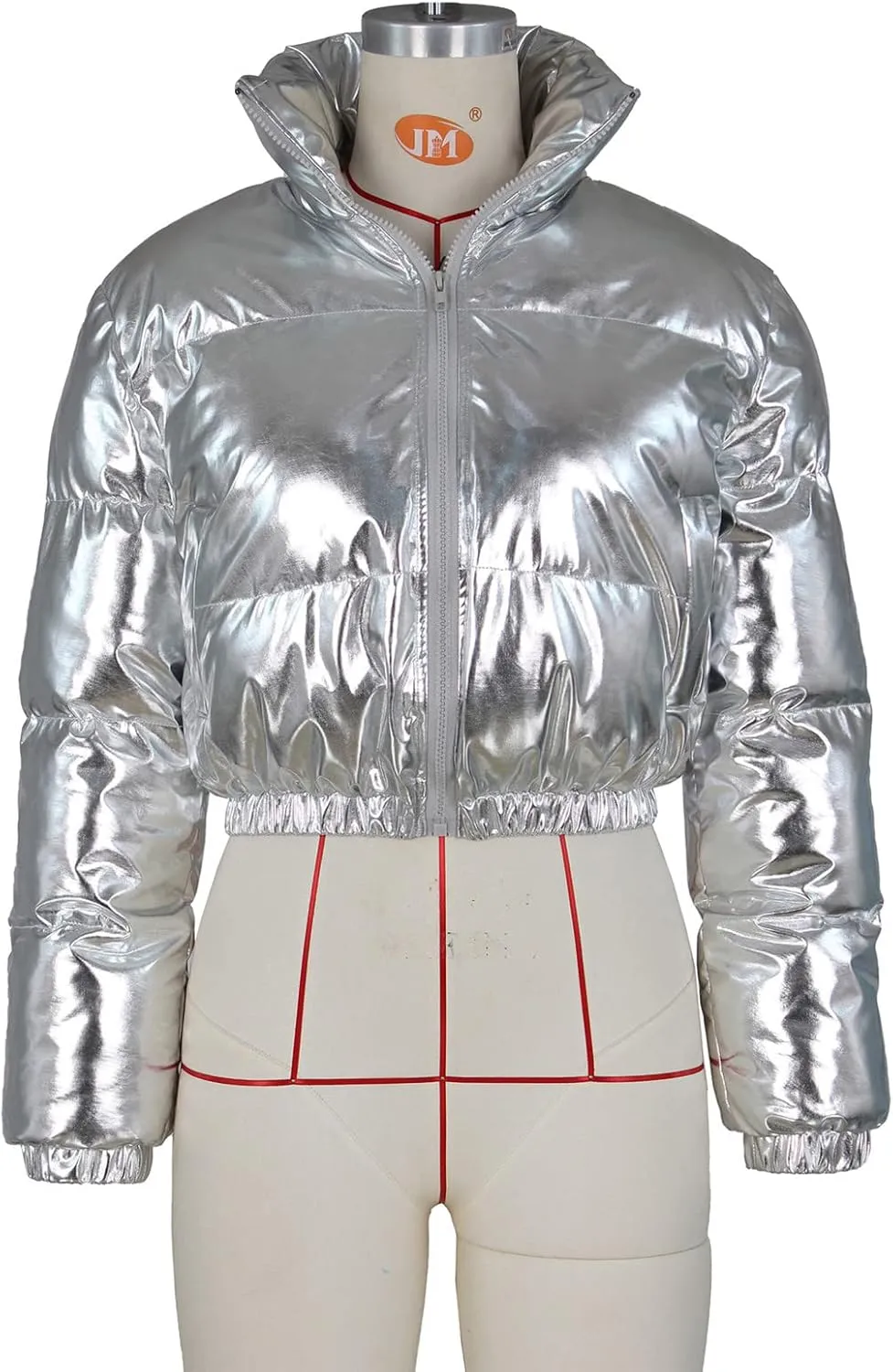 Halfword Women's Shiny Cropped Puffer Jacket Long Sleeve Solid Color Stand Neck Winter Down Coat