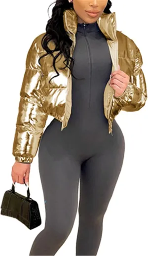 Halfword Women's Shiny Cropped Puffer Jacket Long Sleeve Solid Color Stand Neck Winter Down Coat