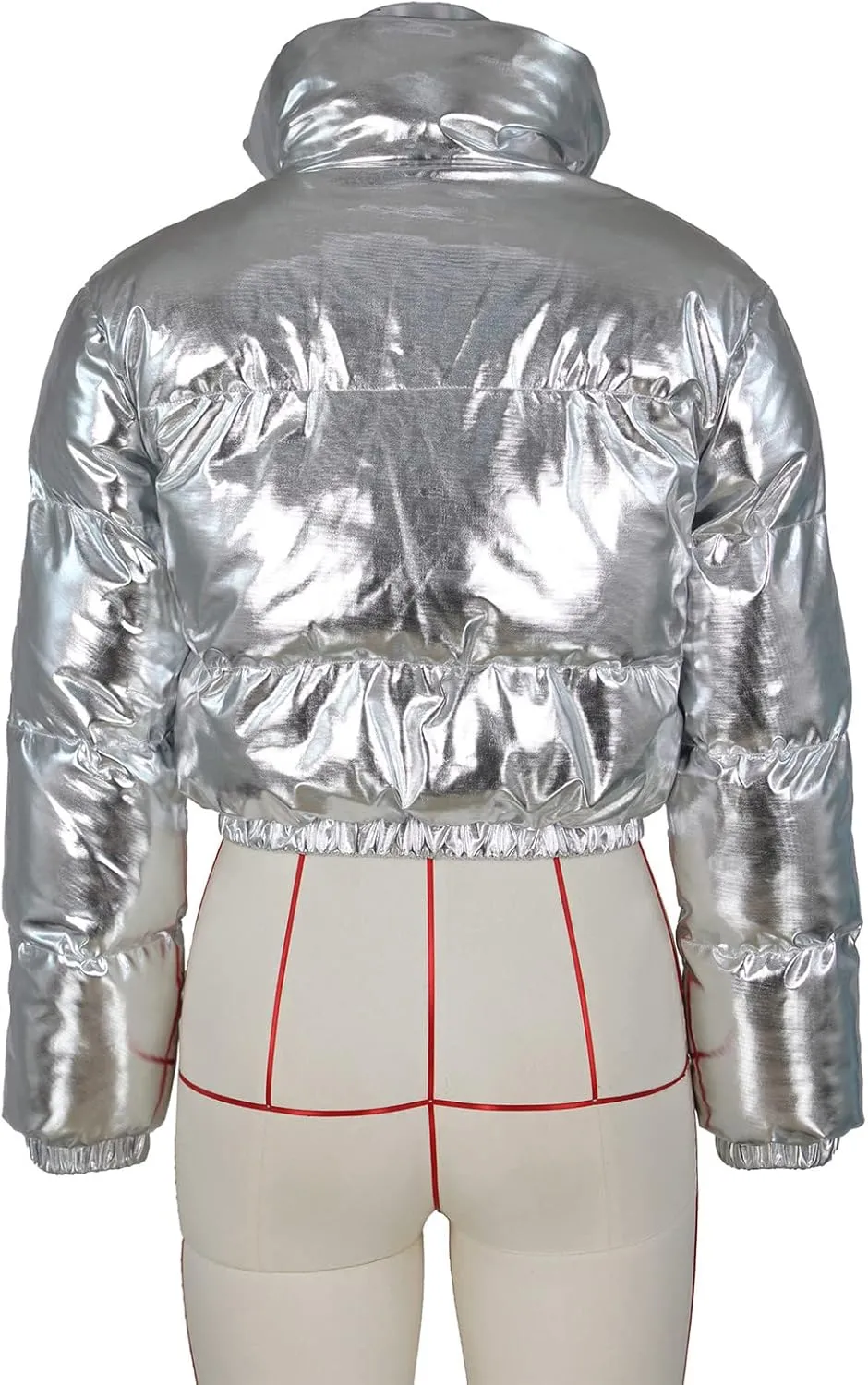 Halfword Women's Shiny Cropped Puffer Jacket Long Sleeve Solid Color Stand Neck Winter Down Coat