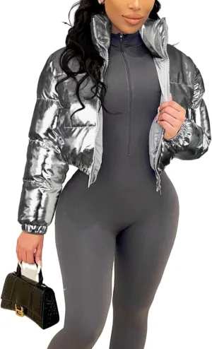 Halfword Women's Shiny Cropped Puffer Jacket Long Sleeve Solid Color Stand Neck Winter Down Coat