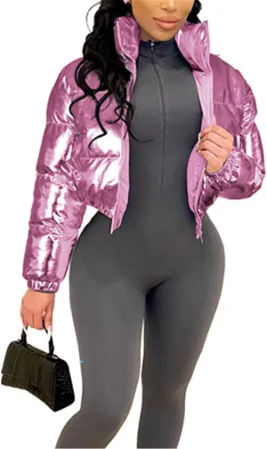 Halfword Women's Shiny Cropped Puffer Jacket Long Sleeve Solid Color Stand Neck Winter Down Coat