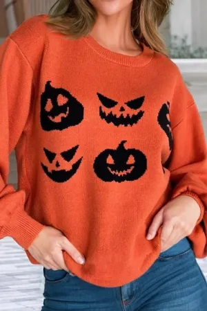 Halloween Pumpkin Face Pattern Drop Shoulder Sweater