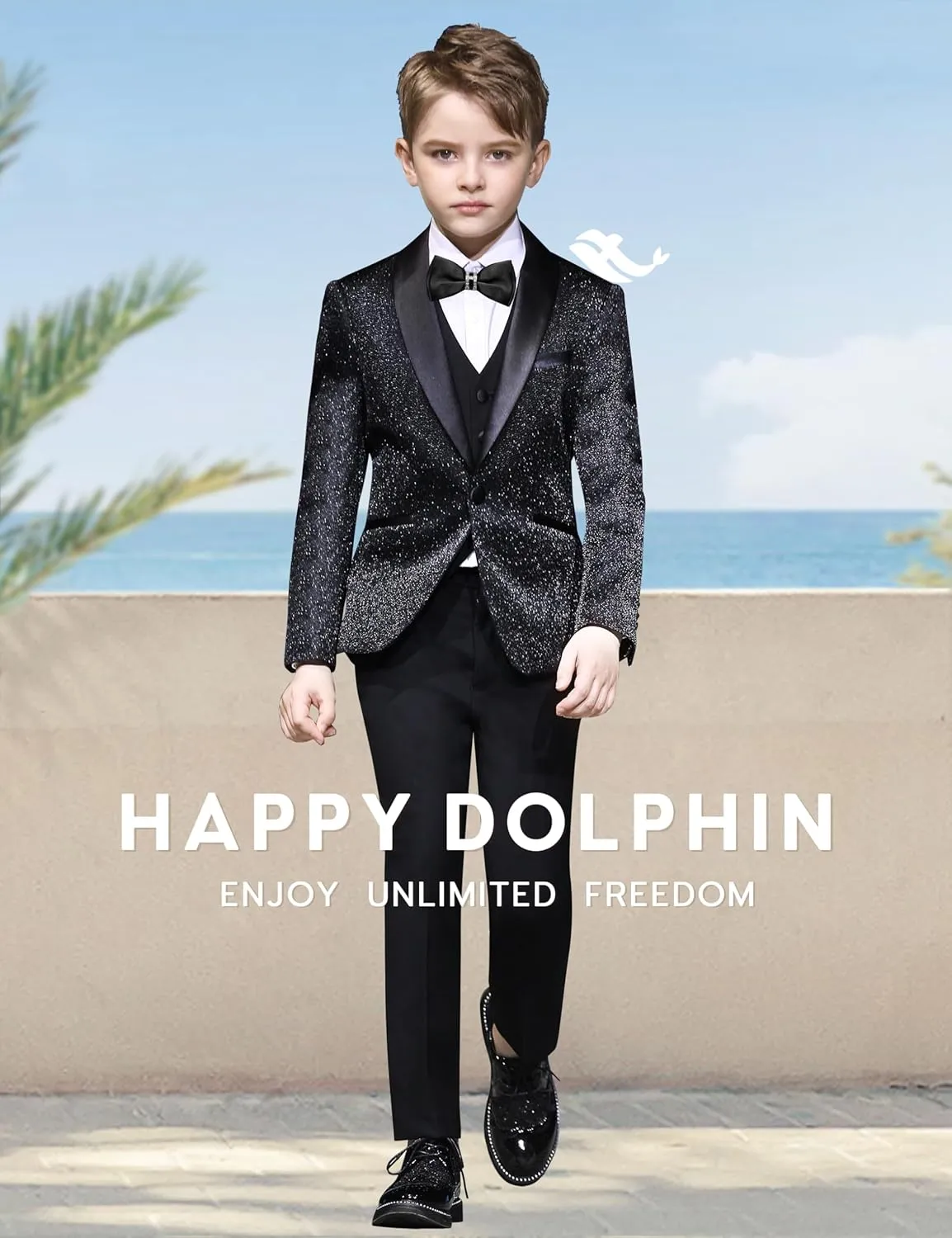 Happy Dolphin Slim Fit Formal Boys Suit Set Jacket Vest Pants for Kids Wedding Ring Bearer Party