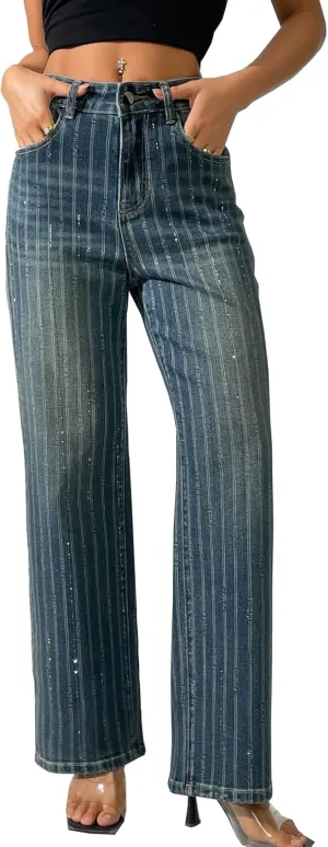 heipeiwa Women's Stripes Rhinestone Jeans High Waist Wide Leg Denim Pants Sparkle Shiny Sequin Trouser
