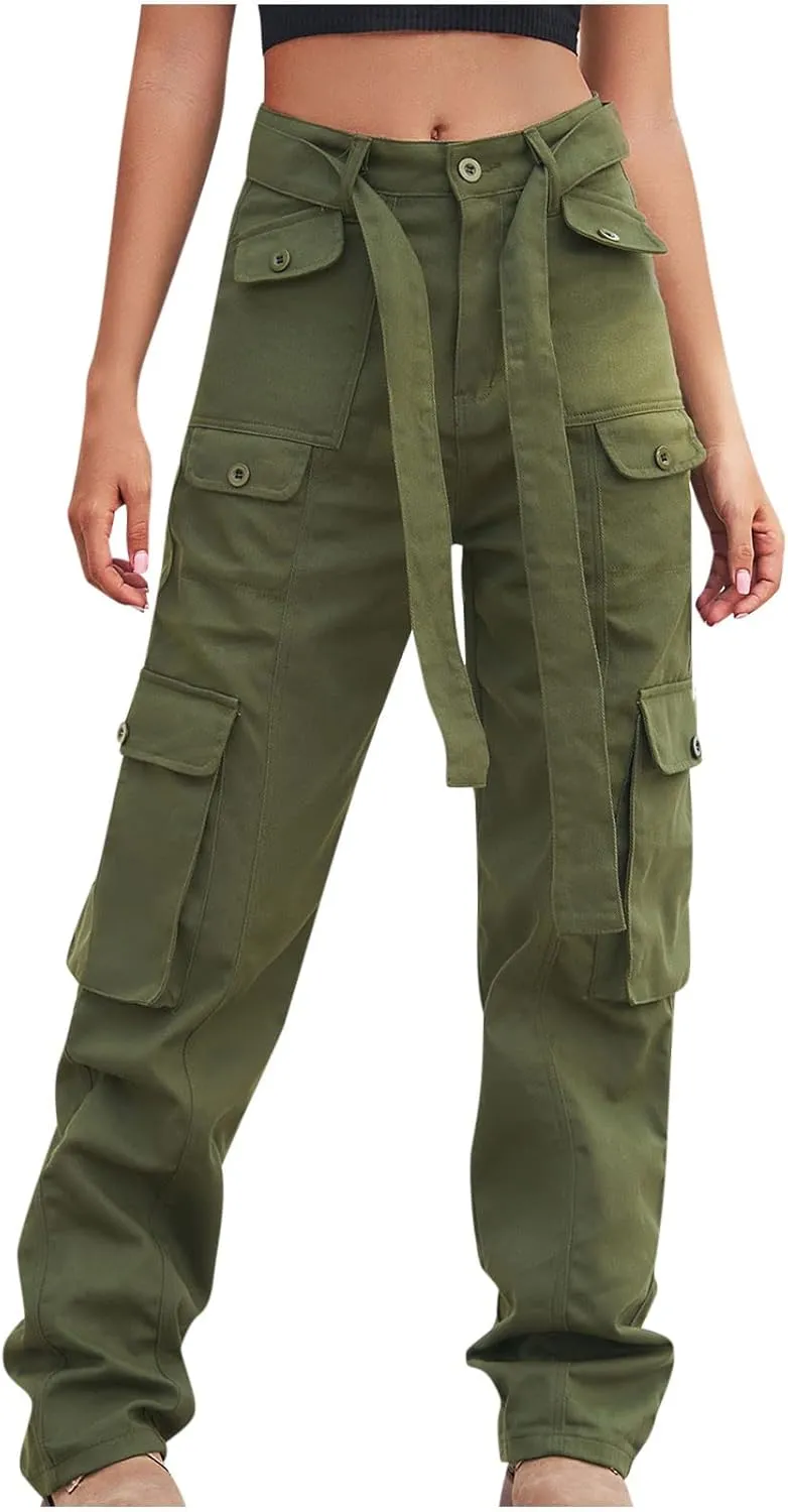 High Waist Cargo Jeans Pants Women Baggy Jogger Straight Leg Parachute Pants Hiking Tactical Military Long Trousers