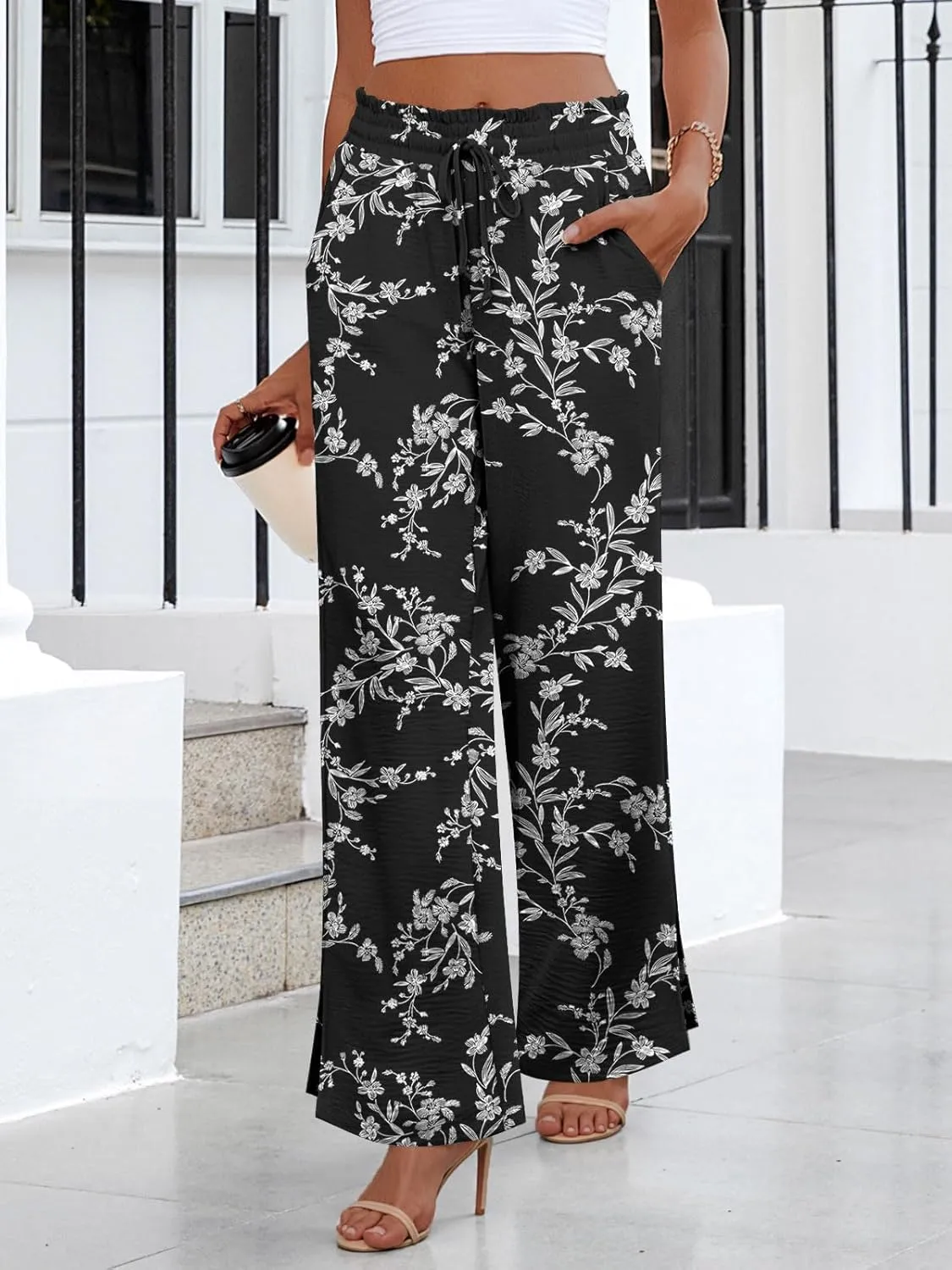 HOTGIFT 2025 Womens Pants Wide Leg High Waisted Adjustable Drawstring Trousers with Pockets Casual Lightweight