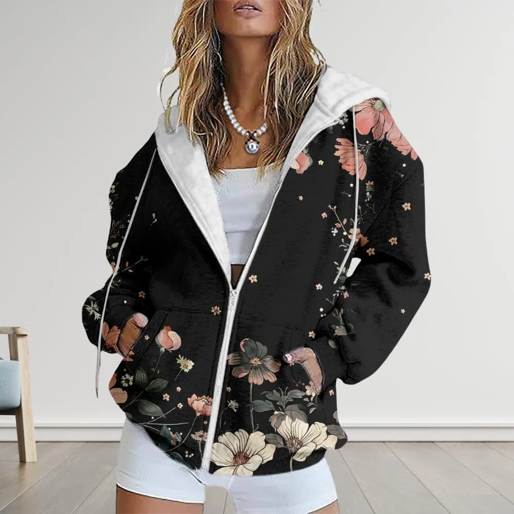 HOTYD Womens Oversized Zip Up Hoodies Floral Print Casual Long Sleeve Graphic Hoodies Plus Size Fall Tops with Front Pocket