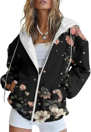 HOTYD Womens Oversized Zip Up Hoodies Floral Print Casual Long Sleeve Graphic Hoodies Plus Size Fall Tops with Front Pocket