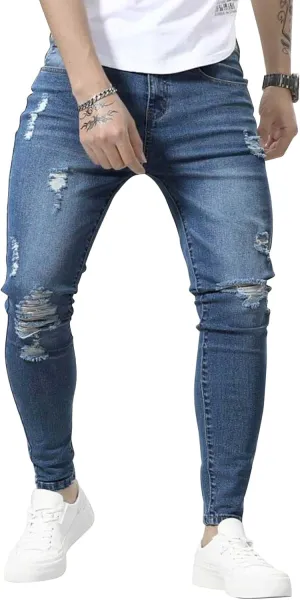 HUNGSON Skinny Jeans for Men Stretch Slim Fit Ripped Distressed(Blue,30)