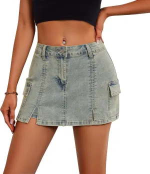 Jean Skorts Skirts for Women Denim High Waisted Two Side Slit Mini Y2K Casual Shorts with Pockets