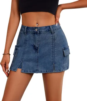 Jean Skorts Skirts for Women Denim High Waisted Two Side Slit Mini Y2K Casual Shorts with Pockets