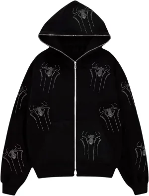 Kaipiclos Skeleton Hoodie Men Women Full Zip Up Hoodie Over Face Oversized Graphic Rhinestone Skull Streetwear Jacket