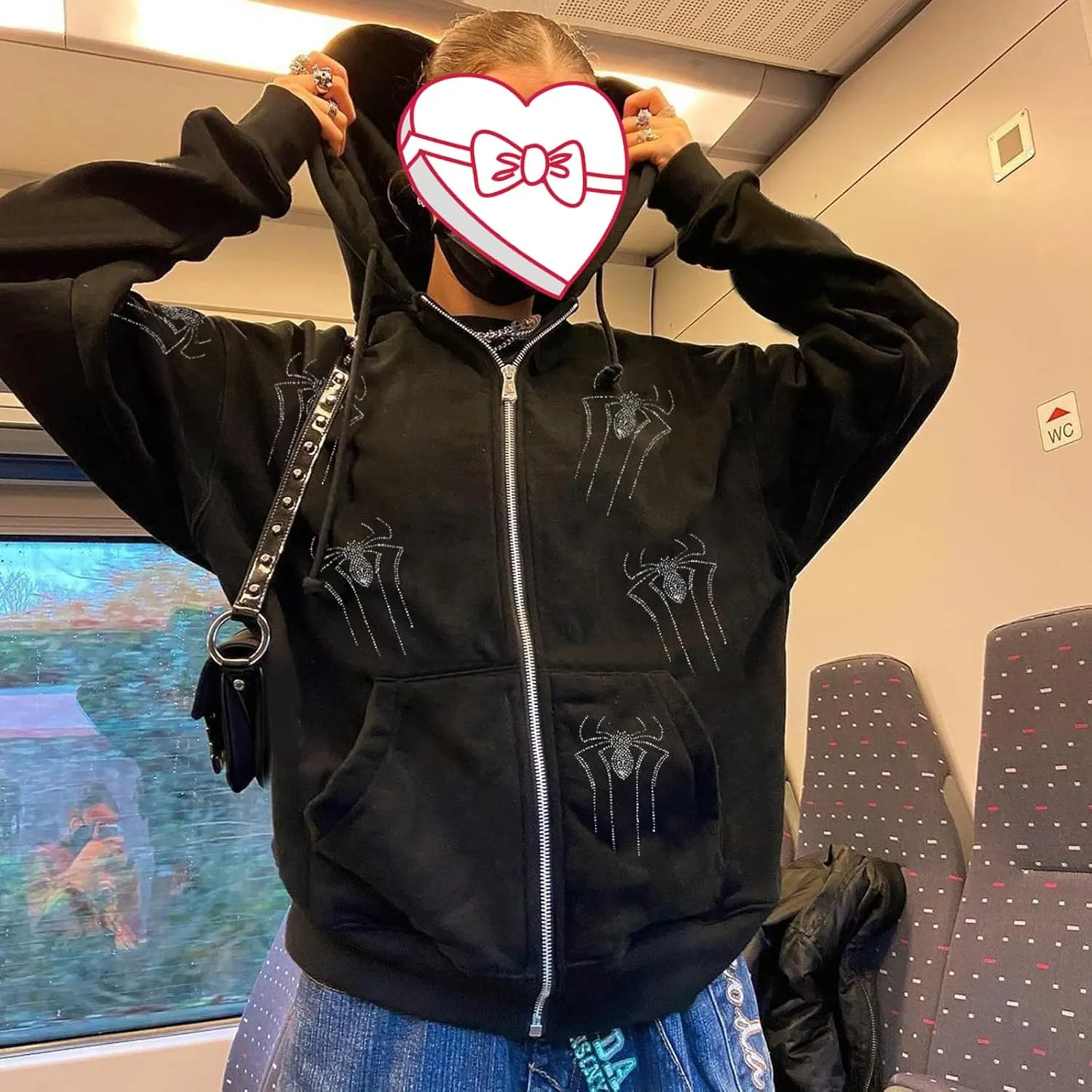 Kaipiclos Skeleton Hoodie Men Women Full Zip Up Hoodie Over Face Oversized Graphic Rhinestone Skull Streetwear Jacket