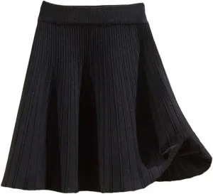 Knitted High Waist Vintage All-Match Skirts for Women Solid A-Line Pleated Skirts