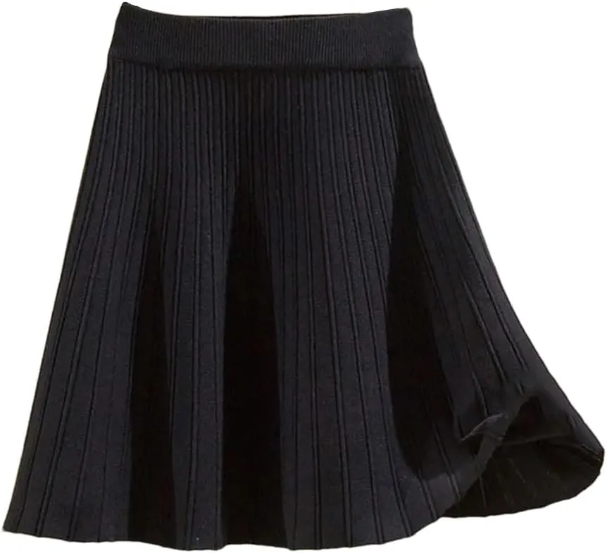 Knitted High Waist Vintage All-Match Skirts for Women Solid A-Line Pleated Skirts