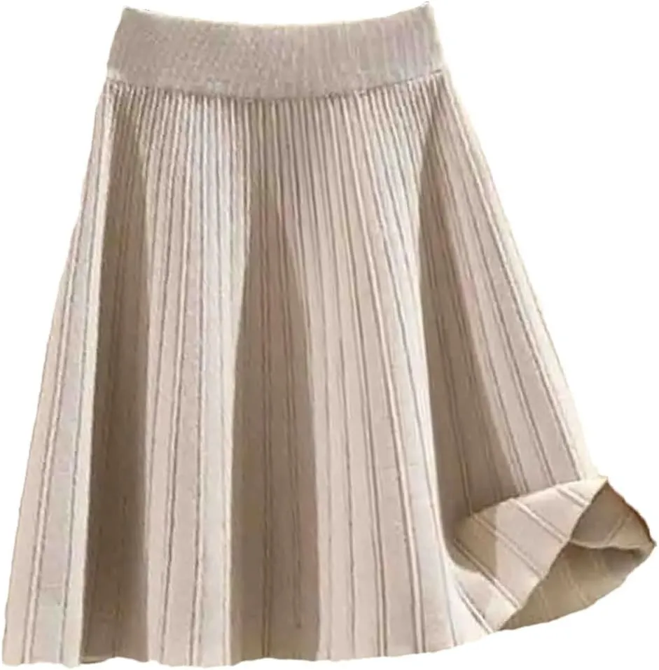 Knitted High Waist Vintage All-Match Skirts for Women Solid A-Line Pleated Skirts