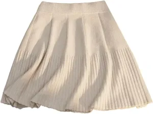 Ladies Solid Color Pleated Knitted Skirt Women's Casual Elastic High Waisted A-Line Short Mini Skirt
