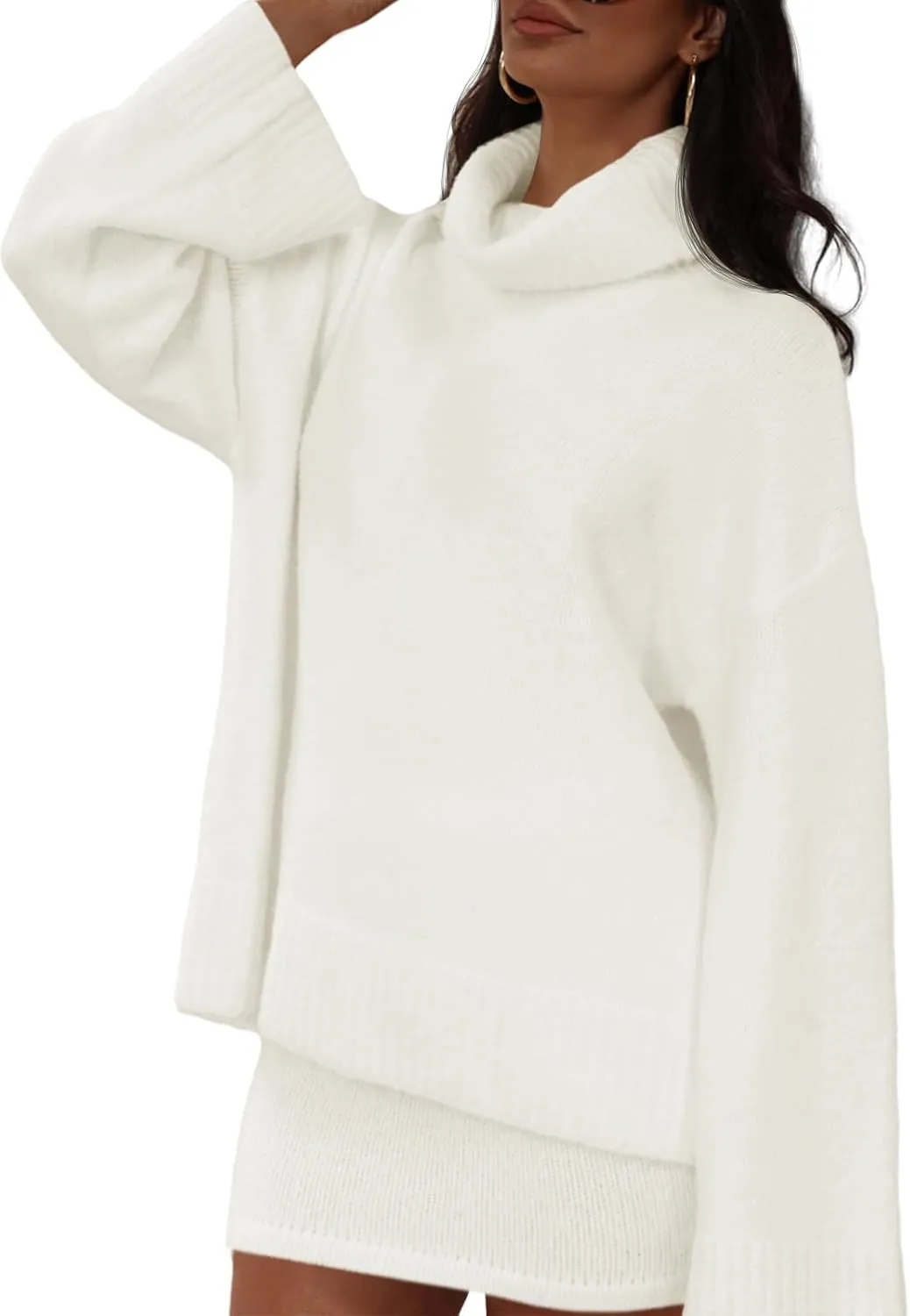 Langwyqu Womens 2 Piece Outfits Sweater Sets Turtleneck Oversized Sweaters and Mini Skirts Fall Trendy Loungewear