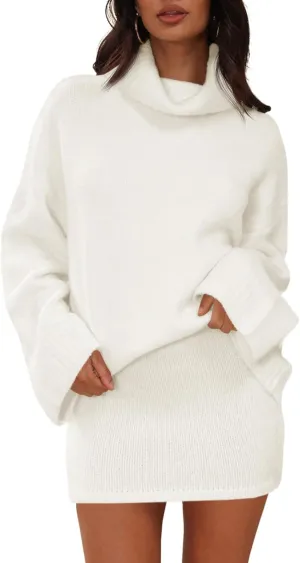 Langwyqu Womens 2 Piece Outfits Sweater Sets Turtleneck Oversized Sweaters and Mini Skirts Fall Trendy Loungewear