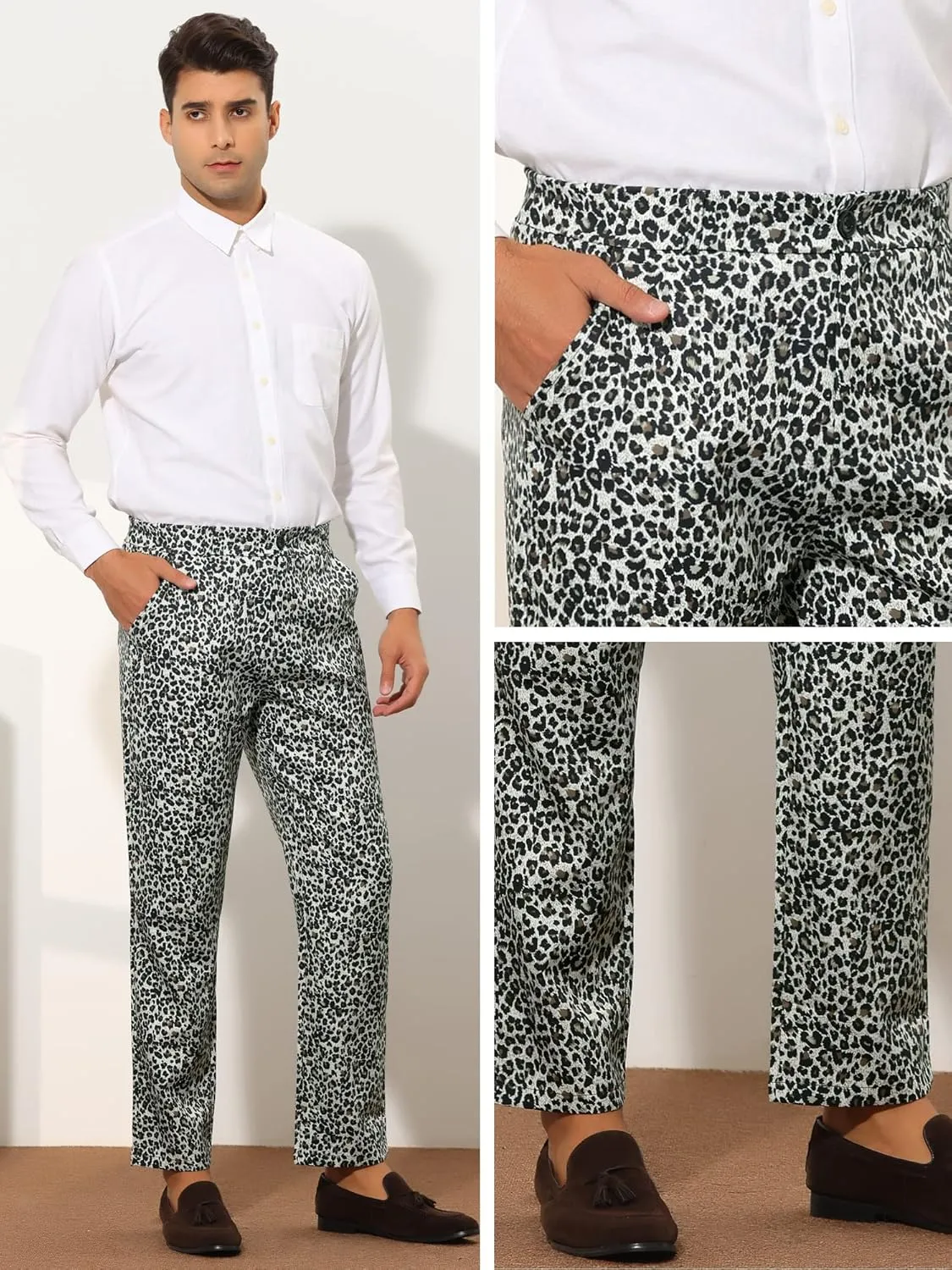 Lars Amadeus Animal Printed Dress Pants for Men's Regular Fit Button Closure Pattern Trousers