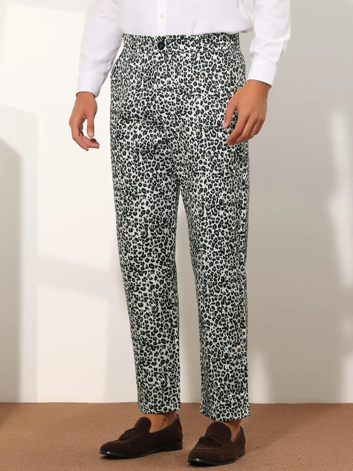 Lars Amadeus Animal Printed Dress Pants for Men's Regular Fit Button Closure Pattern Trousers