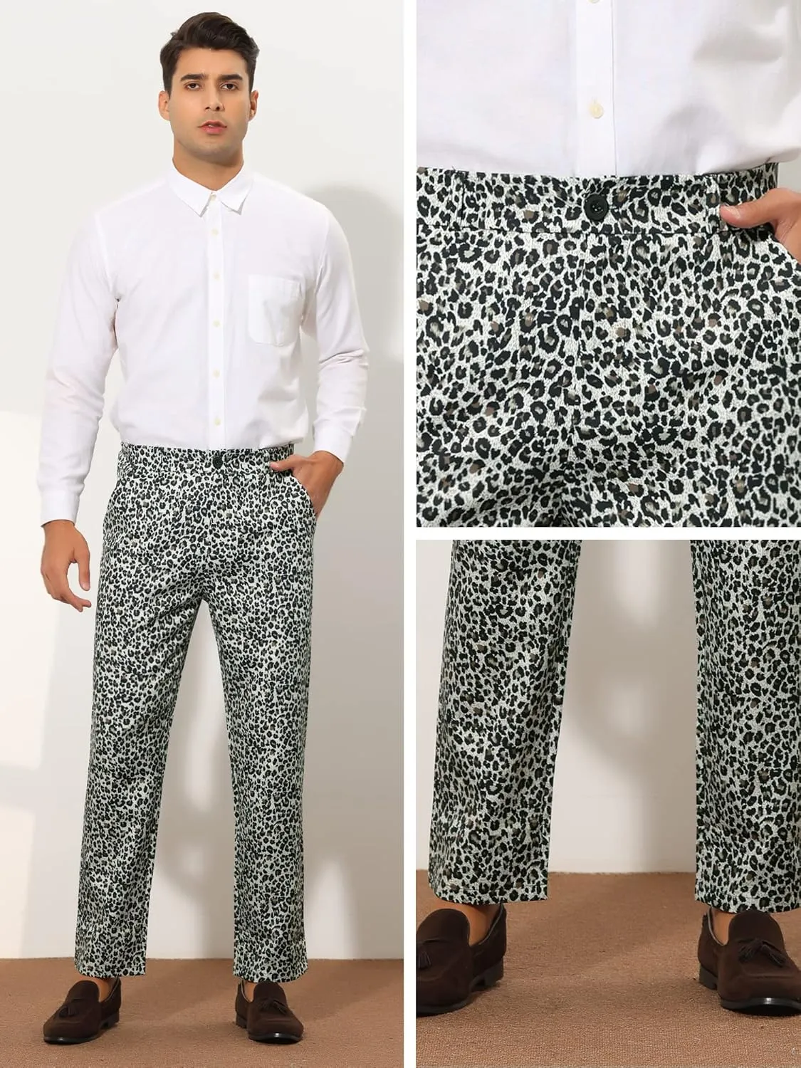 Lars Amadeus Animal Printed Dress Pants for Men's Regular Fit Button Closure Pattern Trousers