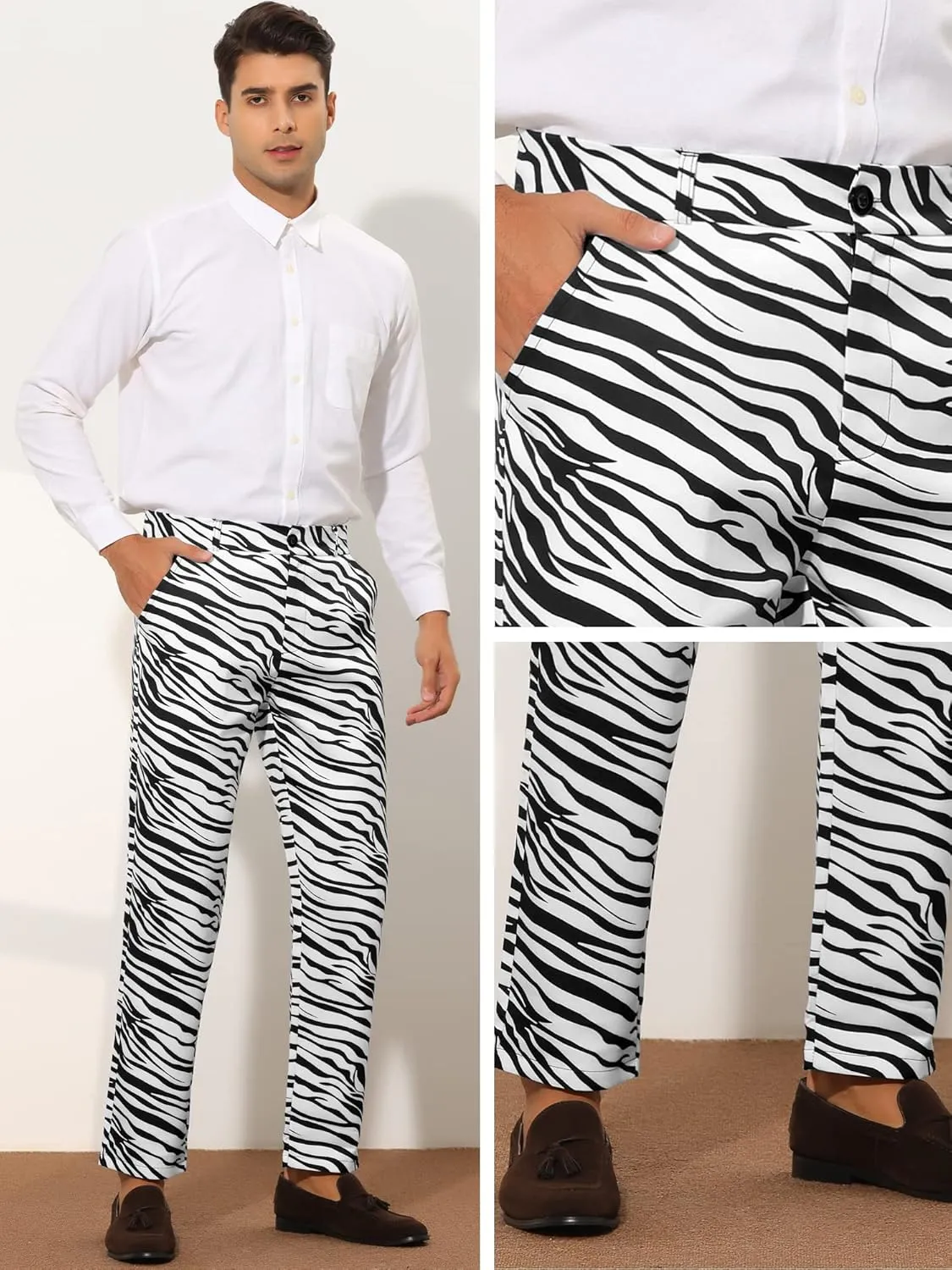 Lars Amadeus Animal Printed Dress Pants for Men's Regular Fit Button Closure Pattern Trousers