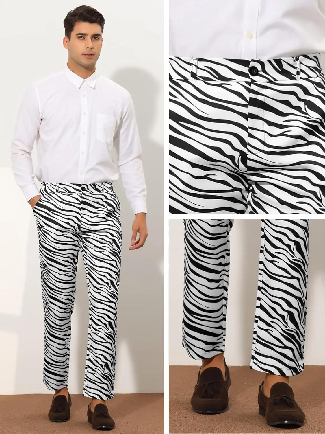 Lars Amadeus Animal Printed Dress Pants for Men's Regular Fit Button Closure Pattern Trousers